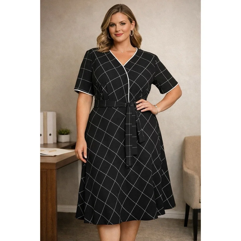 Black Grid Print Wrap Dress Women's Size 16 Belted Business Casual Midi